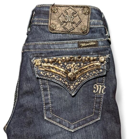 Miss Me JP5489B2 bootcut dark wash low rise embellished flap pocket jeans Sz 26 - Picture 7 of 8